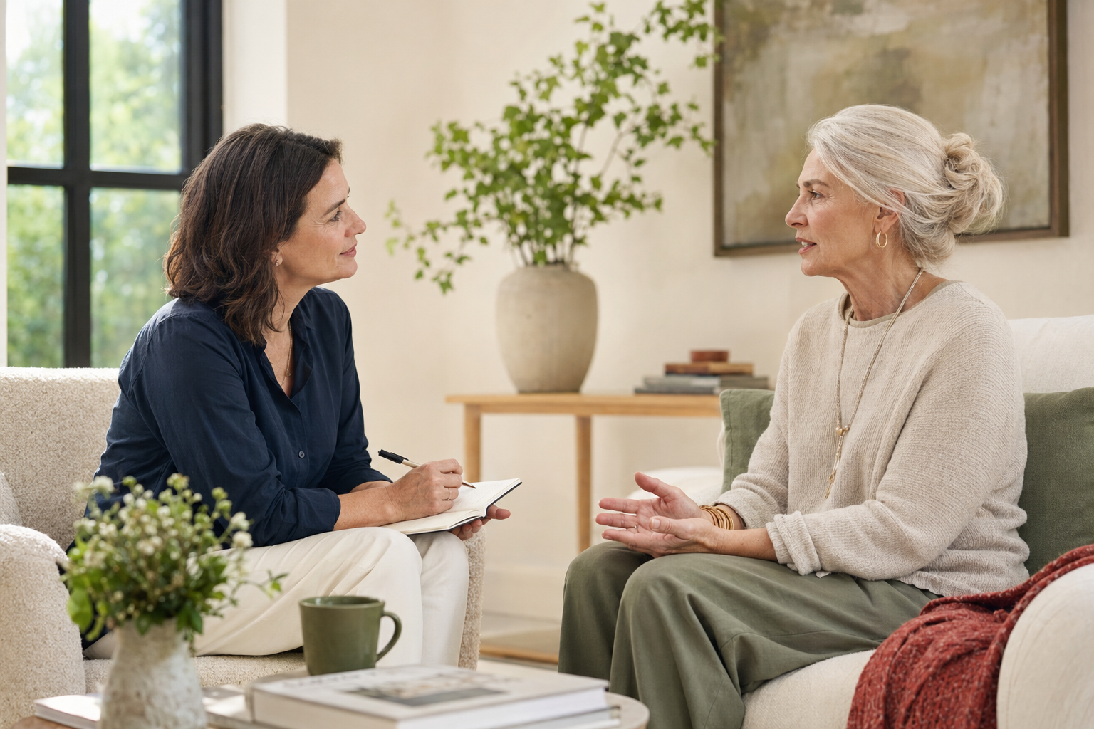 Two people having an in-depth conversation in a comfortable home setting